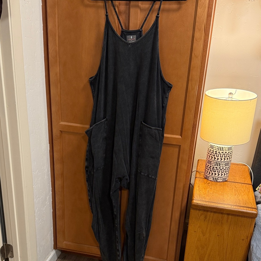 Free People Washed Black Utility Jumpsuit with Front Pockets Size Medium